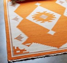 Hand Knotted Orange And Ivory Wool Rug